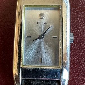Guess rectangular tank watch Black lizard embossed strap with silver dial